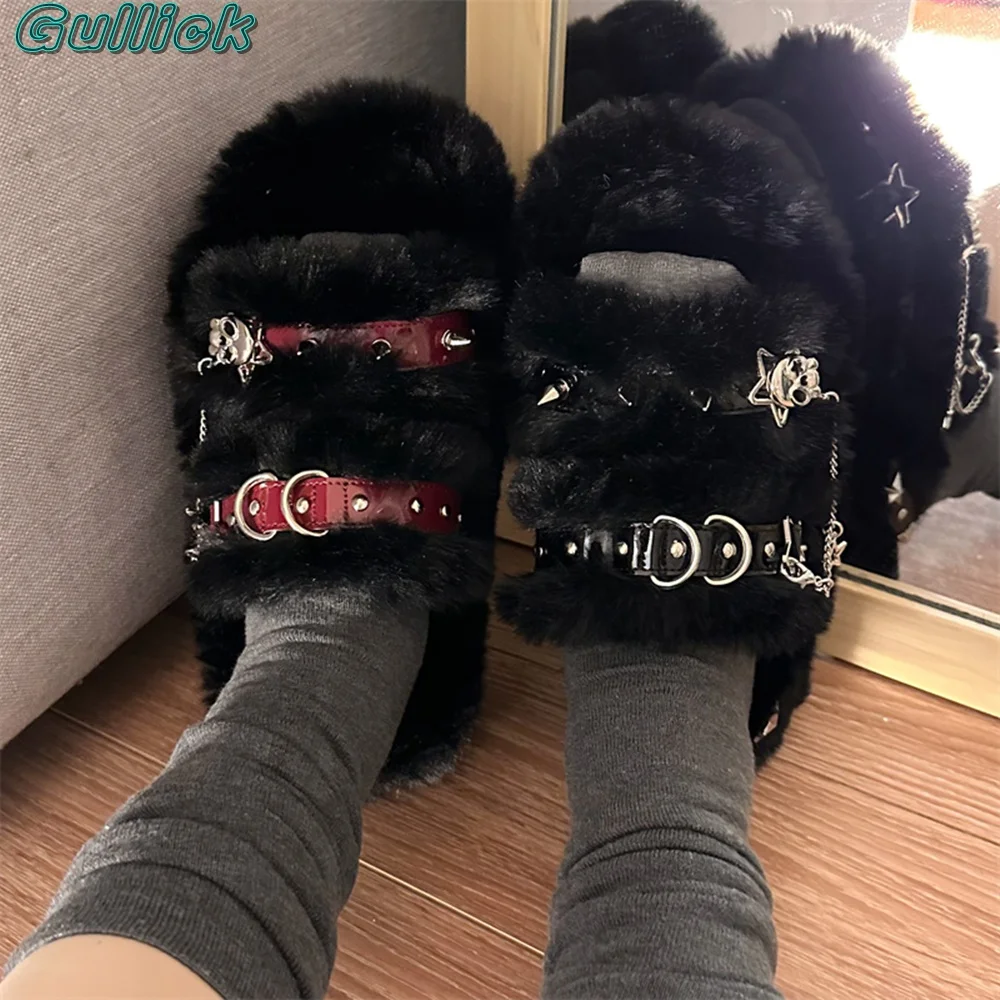 Gullick Solid Punk Open Toe Slippers Mental Chain Buckle Lint Outwear Shoes Thick Heel Slingbacks Autumn Winter Women New Trend