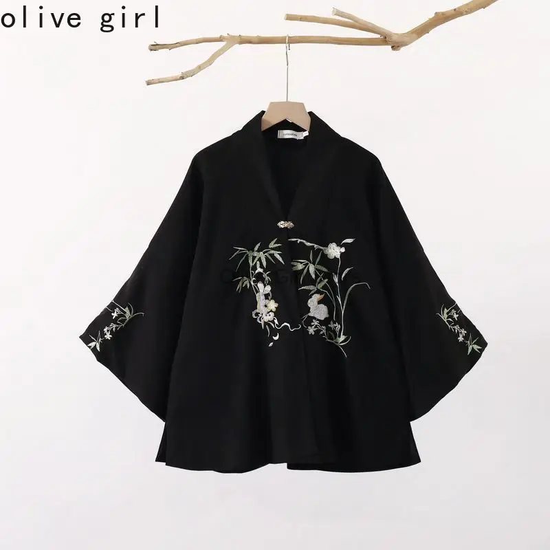 

Embroidered Bamboo Rabbit Coat Shirt Spring Autumn 2025 Retro Chinese Traditional Versatile Black Jacket Top Women's Clothing