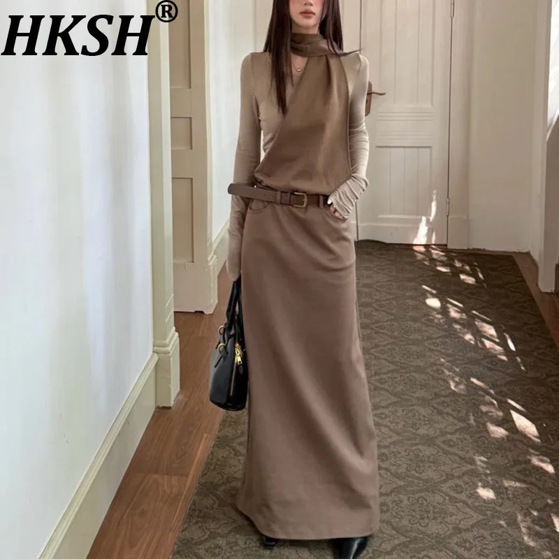 

HKSH Осень Зима Новое женское длинное платье Нишевый дизайн Искусственный двухсекционный Холтер с длинными рукавами Элегантные трикотажные платья Ins HK15171