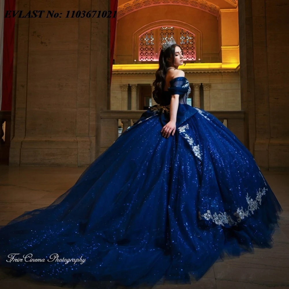 Evlast Prinses Marineblauwe Quinceanera Jurk Baljurk Zilver Kanten Applique Kralen Korset Sweet 16 Vestidos De 15 Anos Sq735