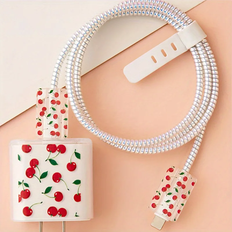 Cute Cherry Pattern Charger Protector Case Cover For iPhone 20W 18W USB Adapter Charger Cable Management Cord Winder Accessories
