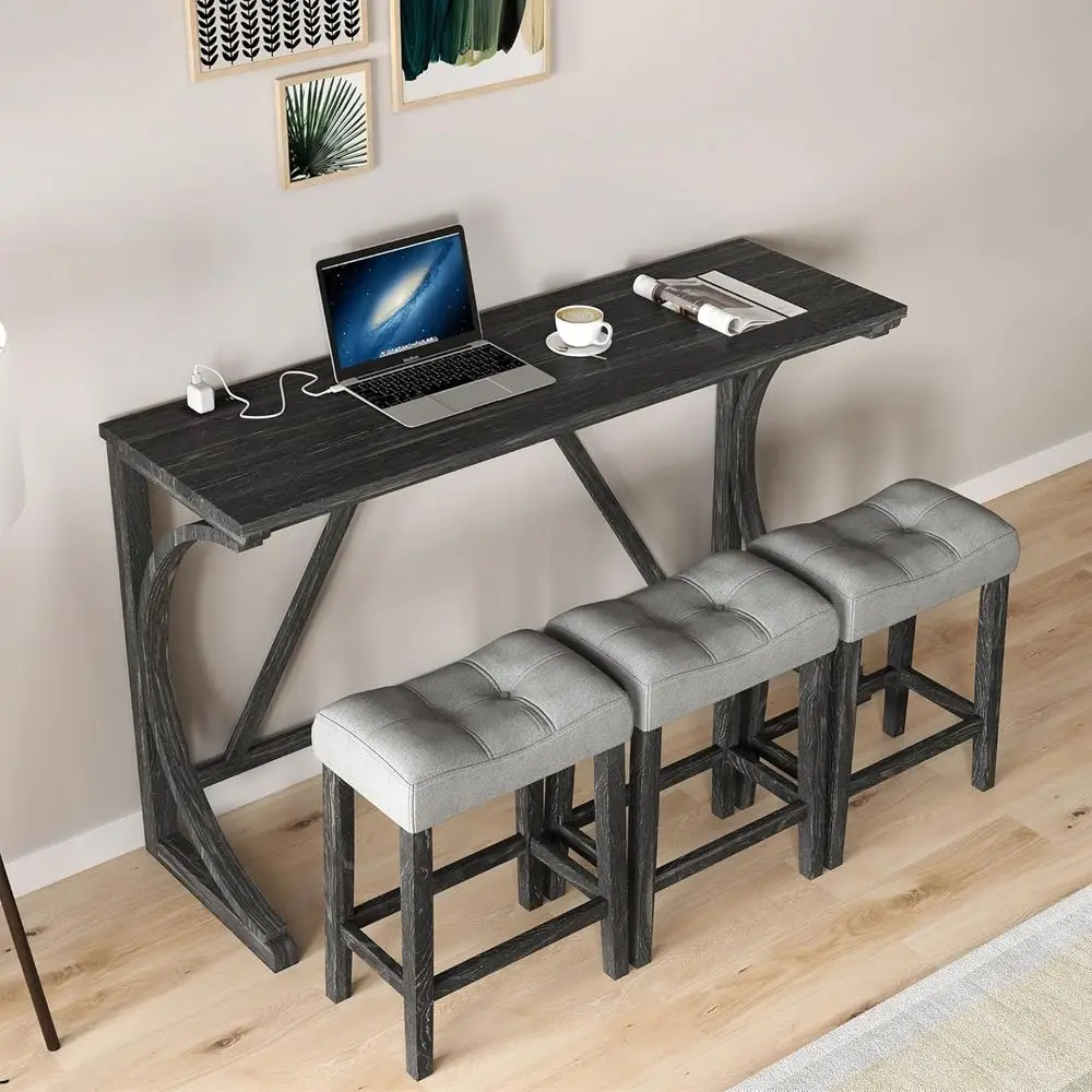 

4-Piece Padded Stools Bar Table Set with Power Outlet for Dining, Living, and Game Rooms