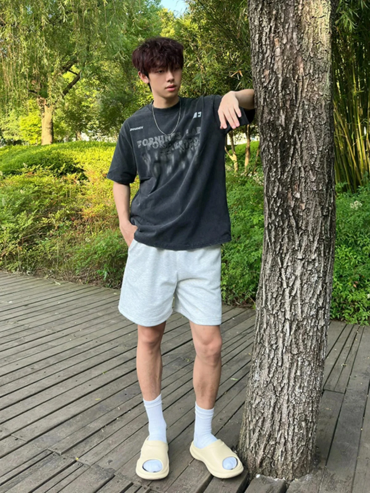 

Floral ey Sports orts Men's Summer Trendy OOTD Loose American Heavy Casual Five-Quarter Mid-Pants Breathable Micro-Elastic