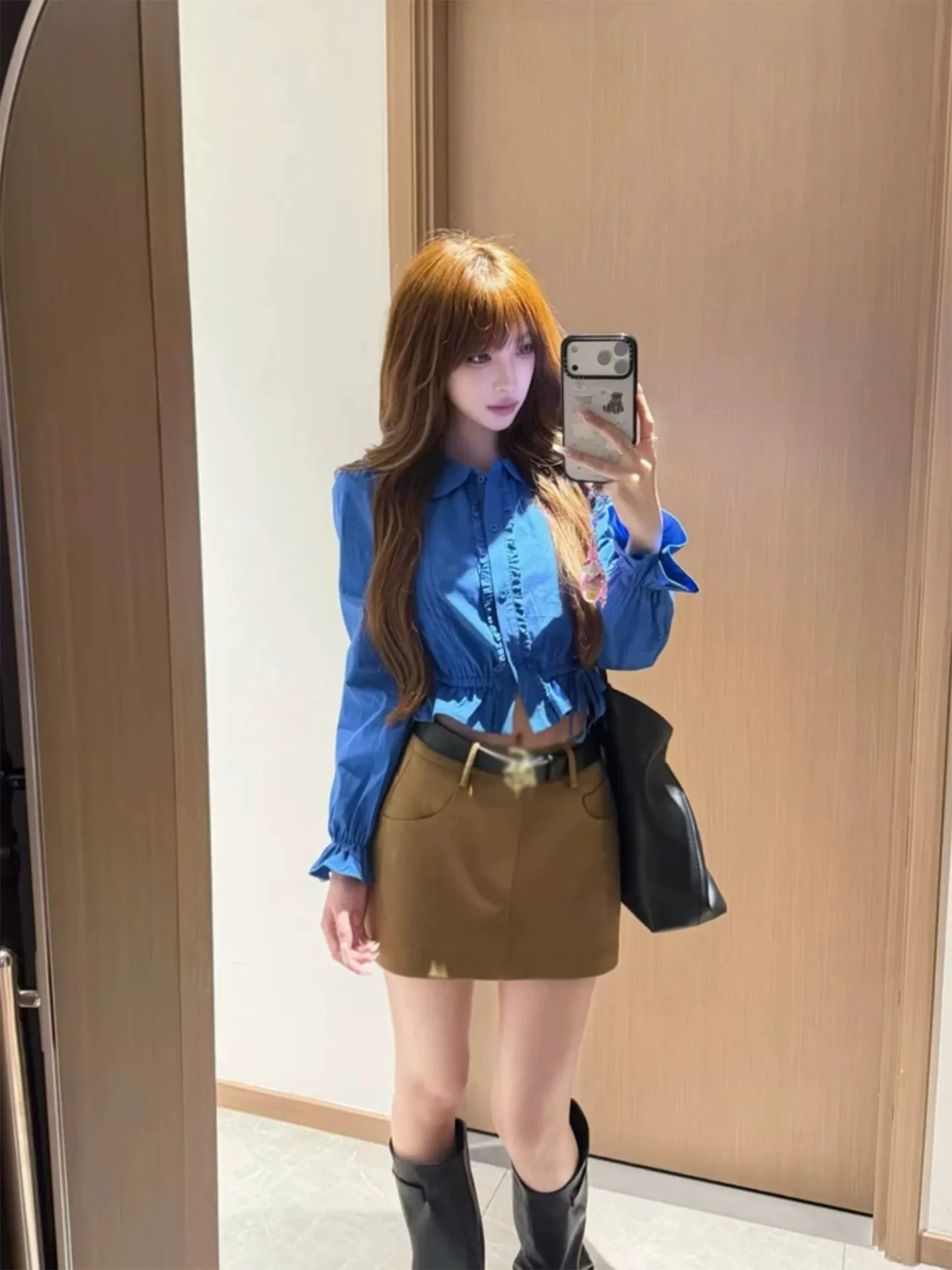 Korean Style Short Doll Collar Two-Piece Set Women's Fashion Autumn Collection Blue Polka Dot Bubble Sleeve High Waist Skirt