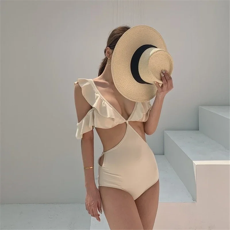 Korean Women's One Piece Swimsuit Solid Sexy Monokini Luxury Falbala Swimsuit side cut out open Back Chic Girl Bathing Suit