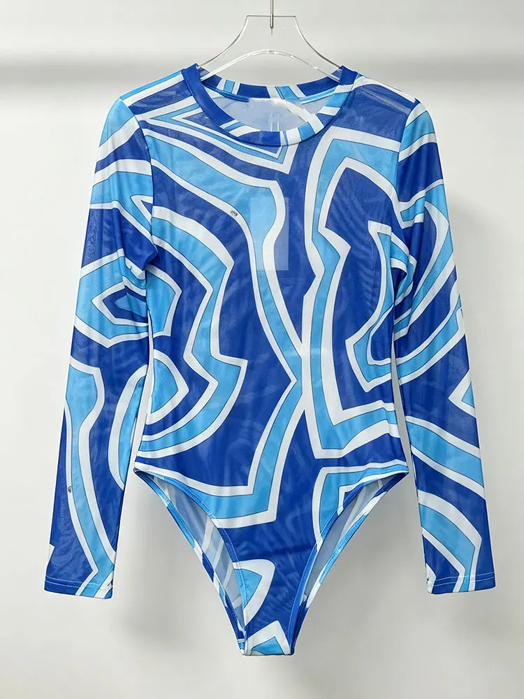 Fashion women's mesh elastic long-sleeved jumpsuit abstract geometric printing round neck slim perspective jumpsuit Joker top