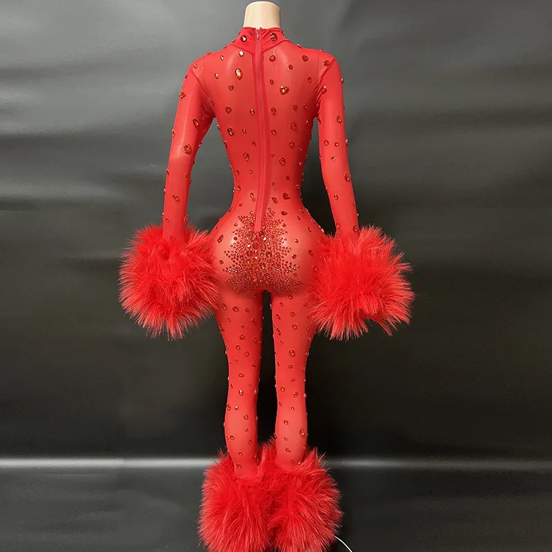 New Sexy See-through Red Fur Stone Club Wears Jumpsuit Long Women's Jumpsuit Party High-end Performance Dress 파티 드레스