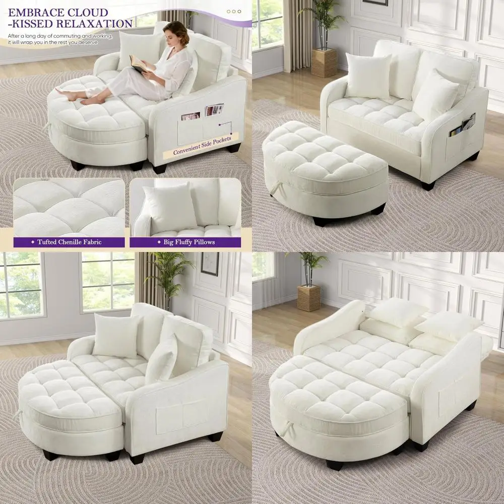 

Chaise Lounge Chair with Storage Ottoman, Upholstered Deep Seat Adjustable Backrest Sofa with 2 Pillows and Side Pockets for Liv