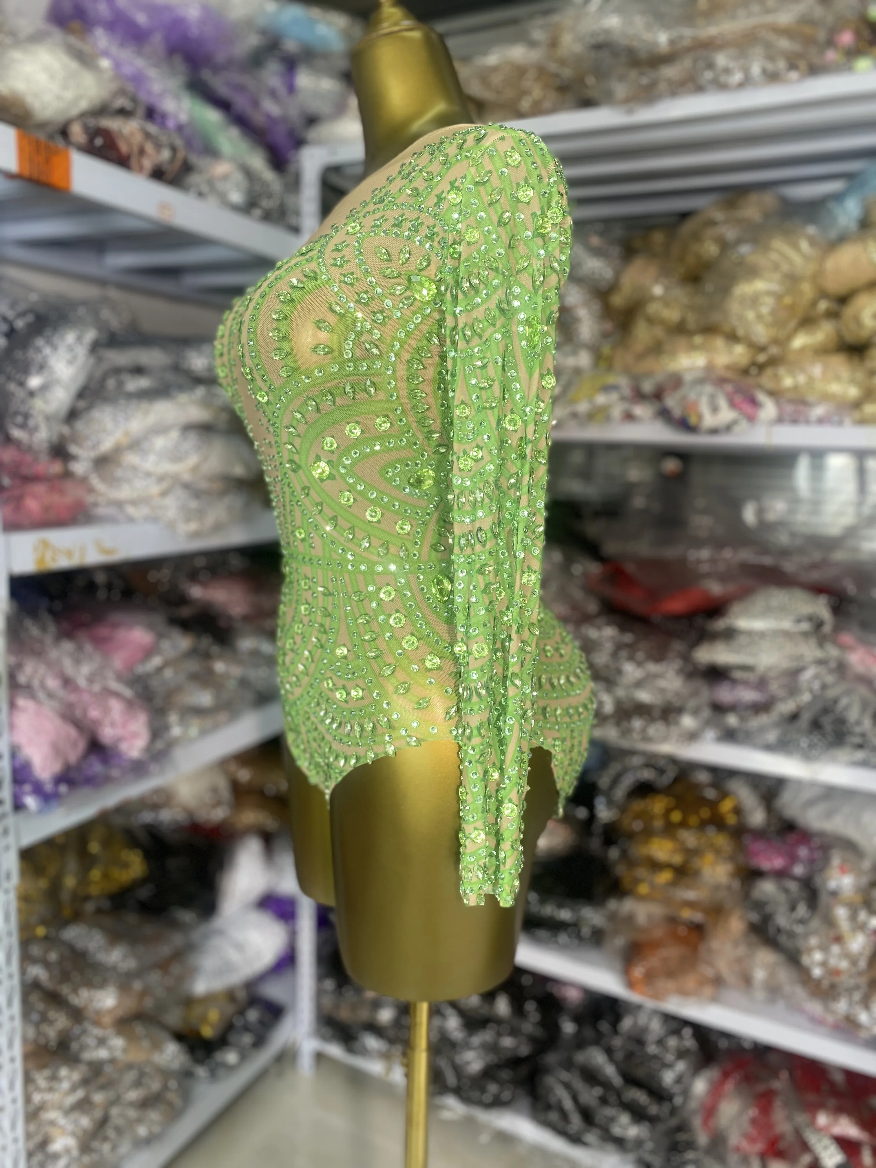 

Sparkly Rhinestones Mesh See Through Bodysuits Women Long Sleeve Dance Costumes Special Occassion Leotard Evening Club Dress