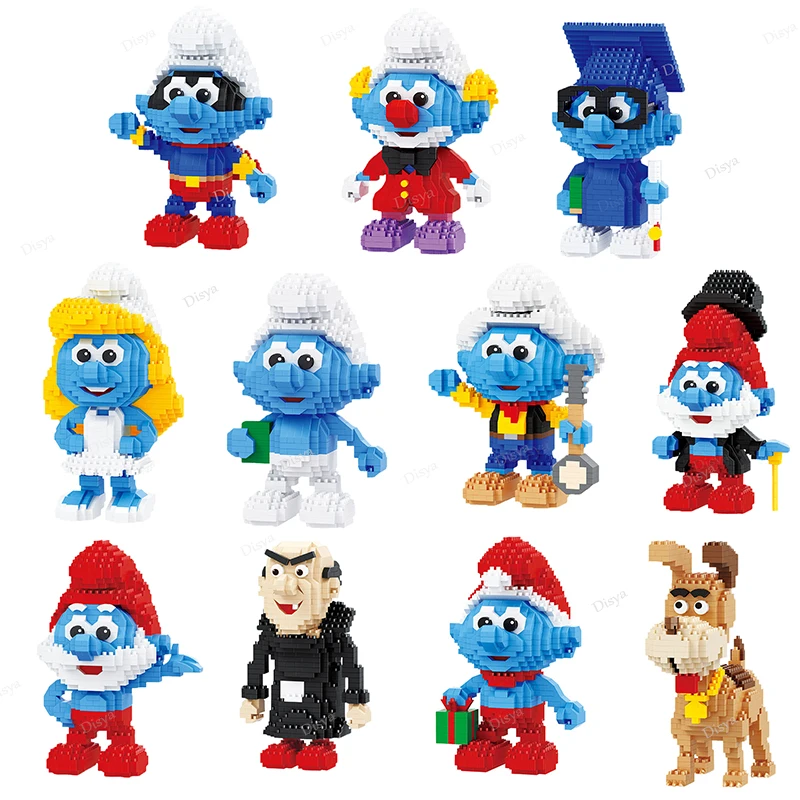 Cartoon Smurfs Mini Blocks Small Bricks Anime Building Collection Toy Juguetes Auction Figure Kids Gifts Girls Present Birthday