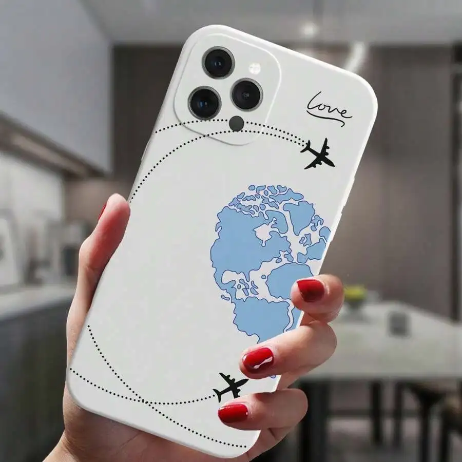 

World Map Airplane Love Pattern Phone Case For iPhone 11 12 13 14 15 16 Pro Max