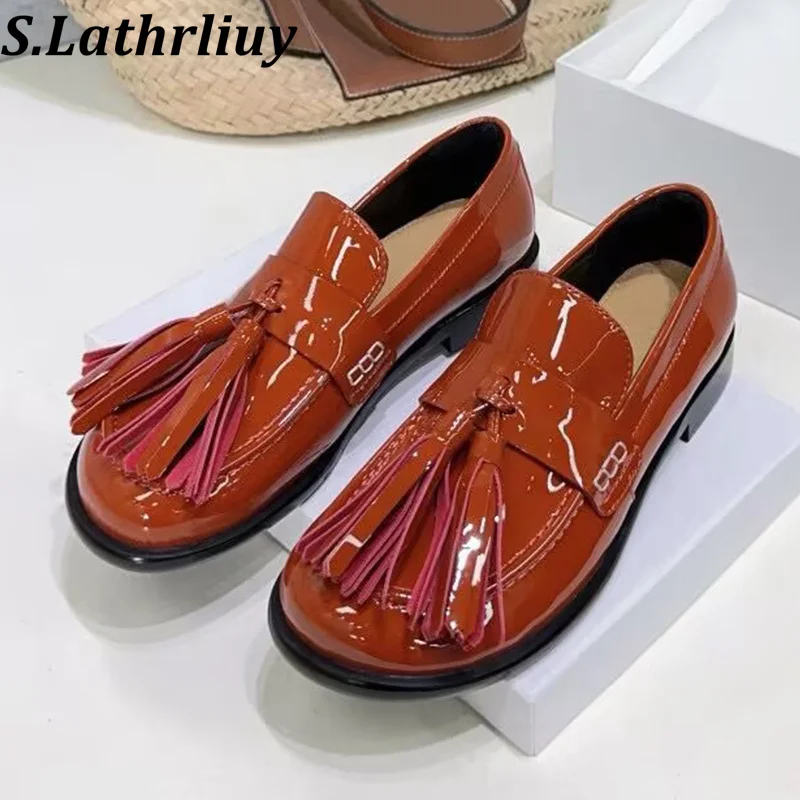 

Spring Autumn Tassel Decoration Lazy Loafers Ladies Solid Color Patent Leather Sweet Mary Jane Shoes Daily Walking Single Shoes