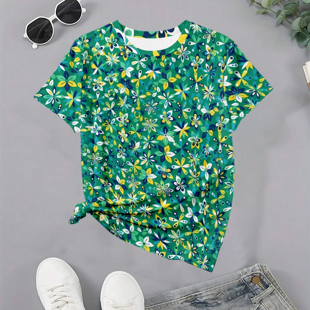 

Women's Fresh Floral Green Pattern Fit Summer T-Shirt Casual Fashion Crew Round Neck Short Sleeve