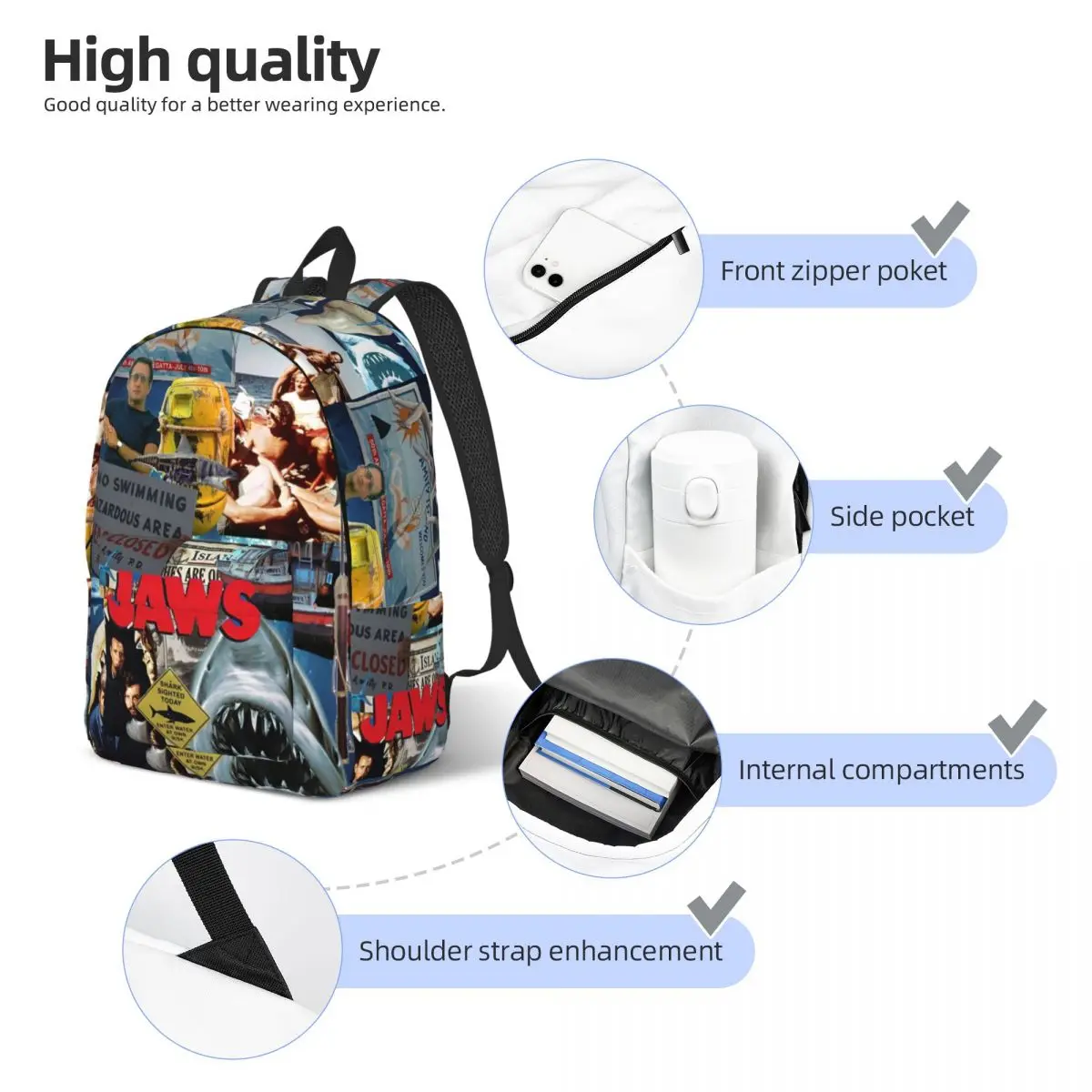 Jaws Classic Film Amity Island Cool Backpack Outdoor Student Work Horror Daypack for Men Women College Canvas Bags