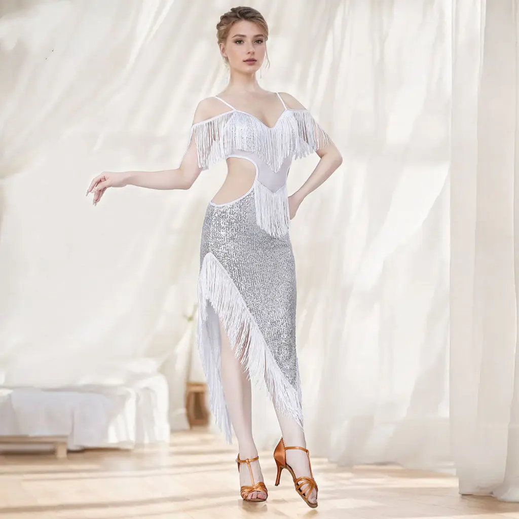 Latin Dancing Dress Women Backless Sequin Ballroom Fringe Bare Midriff Irregular Belly Dance Performance Costume Red Black