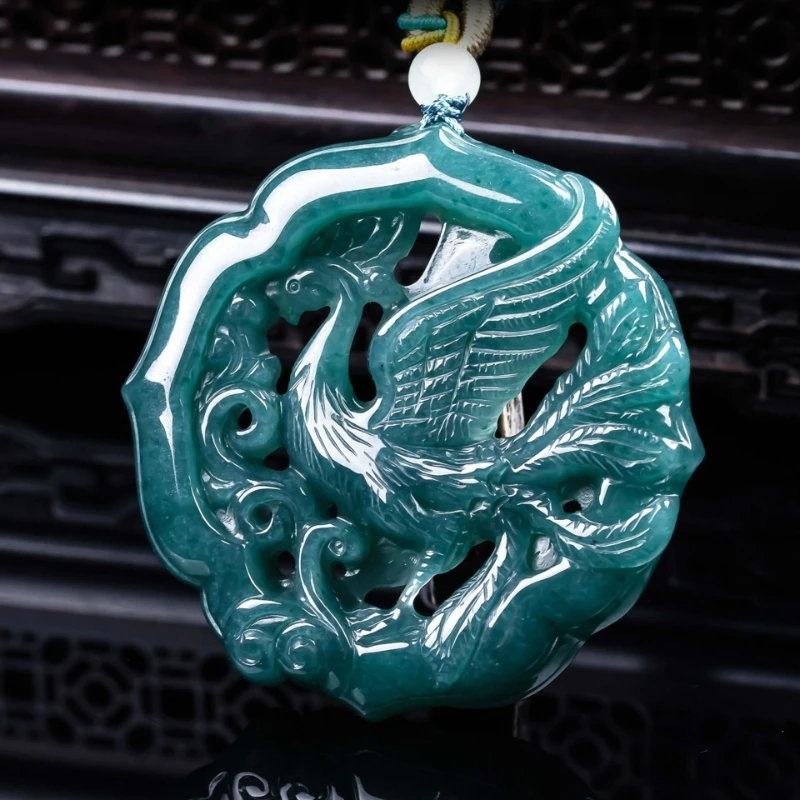 

Natural Jadeite Blue Water Seiko Double-sided Hollow Carved Phoenix Necklace Pendant Fashion Men and Women Couples Amulet Gift