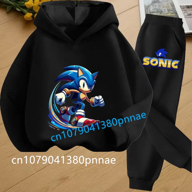 

Autumn/Winter Warm Two Piece Hoodie+Pants Sports Set for Boys and Girls Aged 3-13 Children's Anime Cartoon Sonic Letter Printed