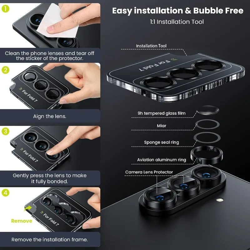 Osłona obiektywu aparatu do Samsung Galaxy Z Fold 7, indywidualny metalowy pierścień, szkło hartowane, folia HD do Z Fold7