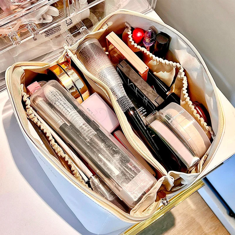 Bolsa grande de viaje para mujer, organizador de cosméticos de cuero Pu, bolsa de maquillaje de gran capacidad, caja de almacenamiento para maquillaje femenino