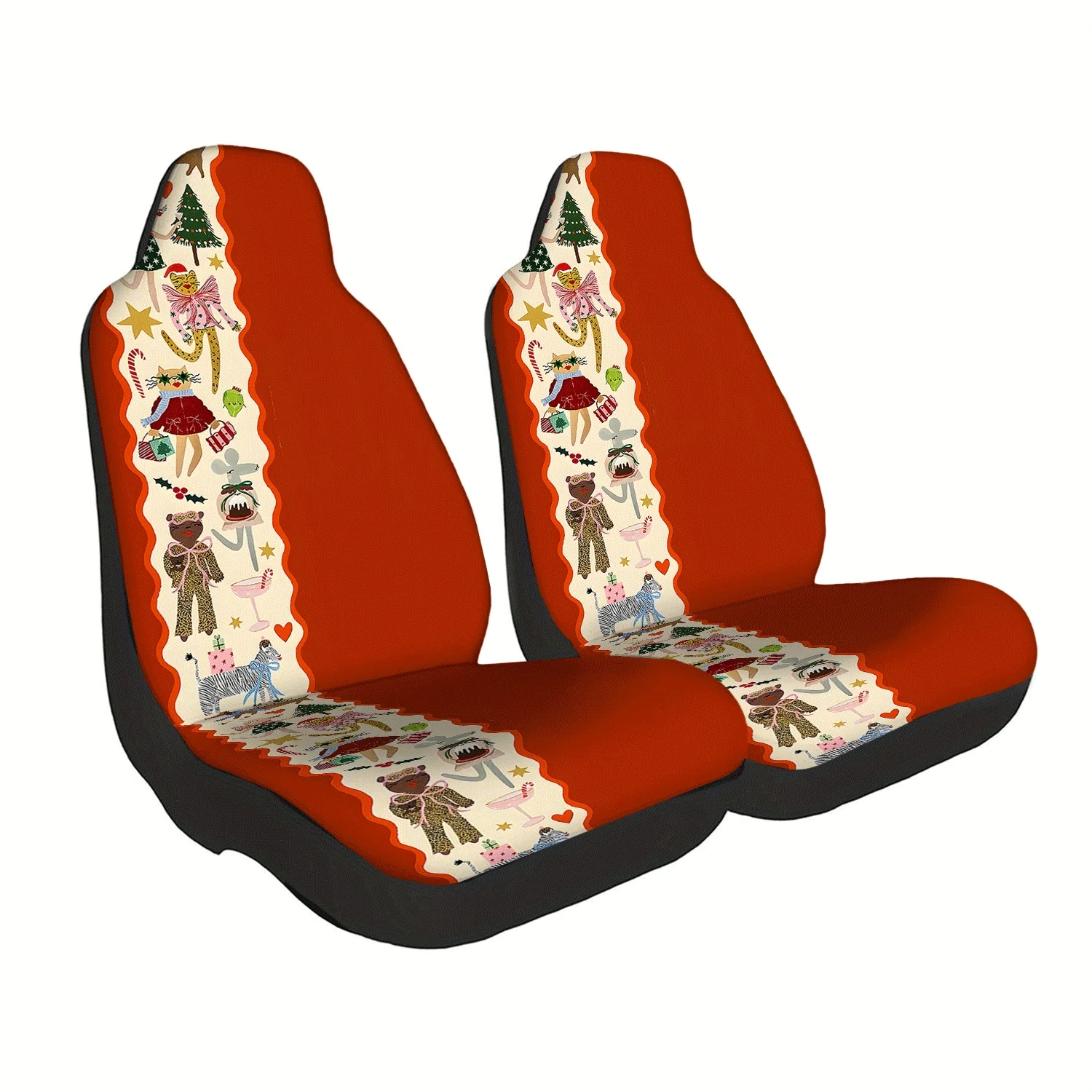 Set Of 2 Front Seat Covers For Cars, Featuring Christmas Animal And New Year Tree Prints, Suitable For Sedans, Suvs, And Trucks.
