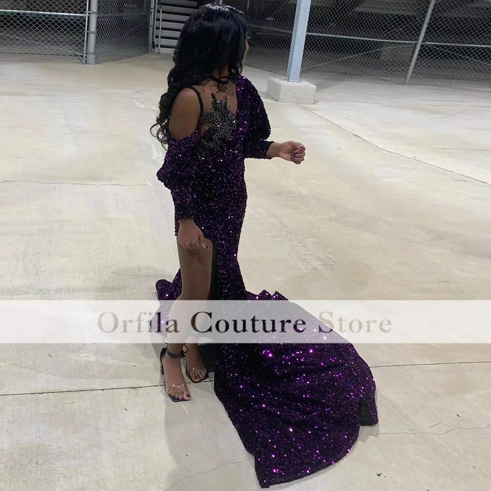 

Purple Evening Dresses Mermaid Slit 2023 Beads Sequins Women Mermaid Prom Gowns Long Sleeves Party Dress