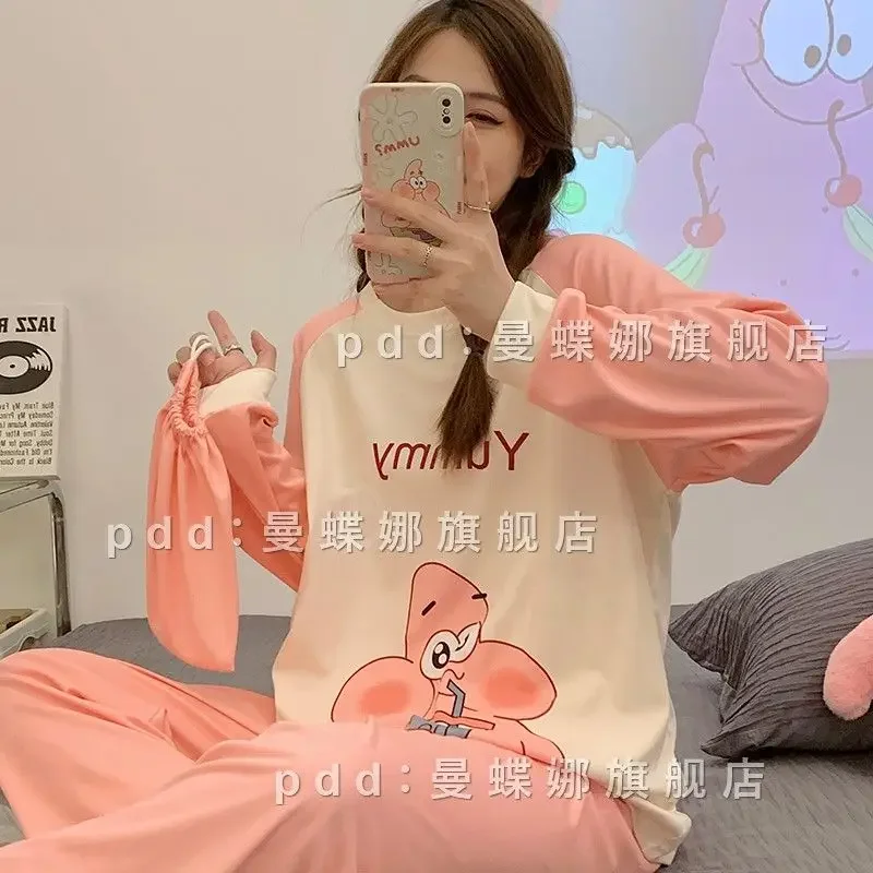 SpongeBob Patrick Star Pajamas Suit Anime Cute Women  Long Sleeve Cartoon Two-pieces Autumn Winter Fashion Girls Sleepwear Set