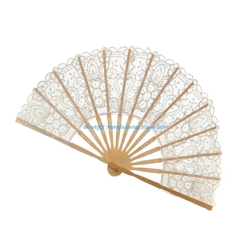 E56A مروحة دانتيل ملحقات حفل الزفاف عروض الرقص الأساسية المجوفة التطريز المحمولة مروحة لاستحمام الزفاف