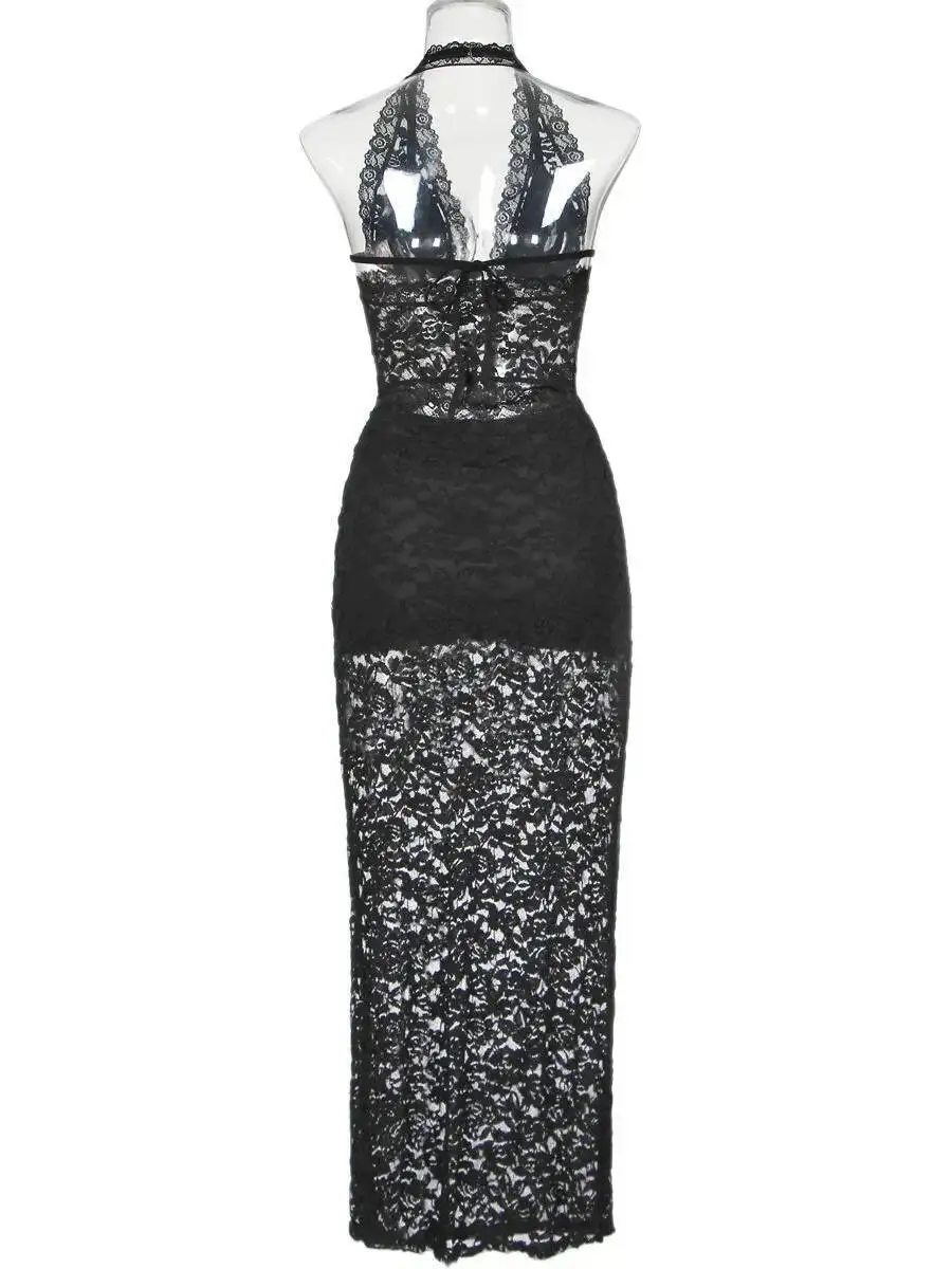 Conjuntos de vestido sexy com bandagem de renda pura, conjuntos de roupas para mulheres, conjuntos de saias maxi, conjuntos de 2 peças, malha de renda transparente