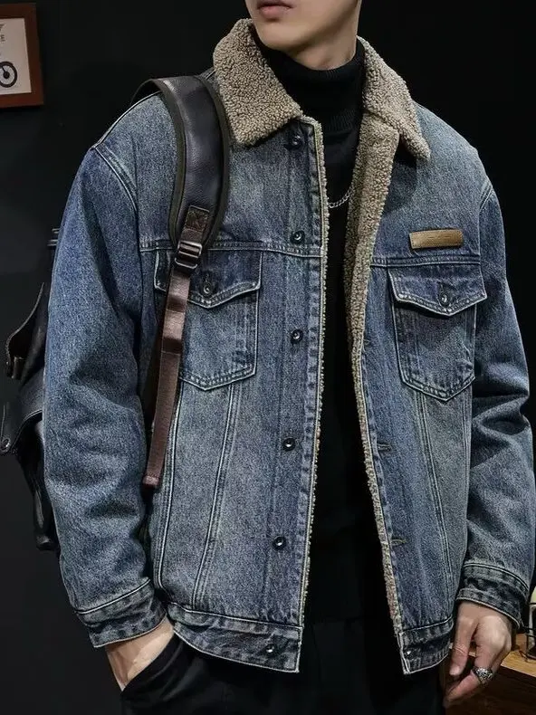 لامب فيلفيت ثينيد الدينيم Jaet الرجال الشتاء Faion فضفاضة الدافئة القطن عمال Jaet مع Fce الشباب Sle