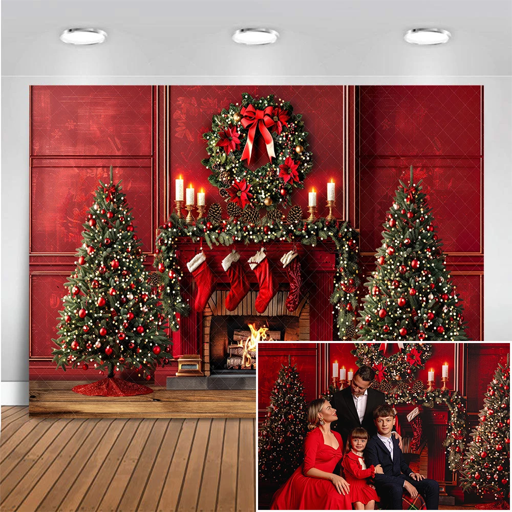 

Red Christmas Fireplace Stockings Photography Backdrop Xmas Tree Garland Background Adult Kids Photocall Photo Studio Props