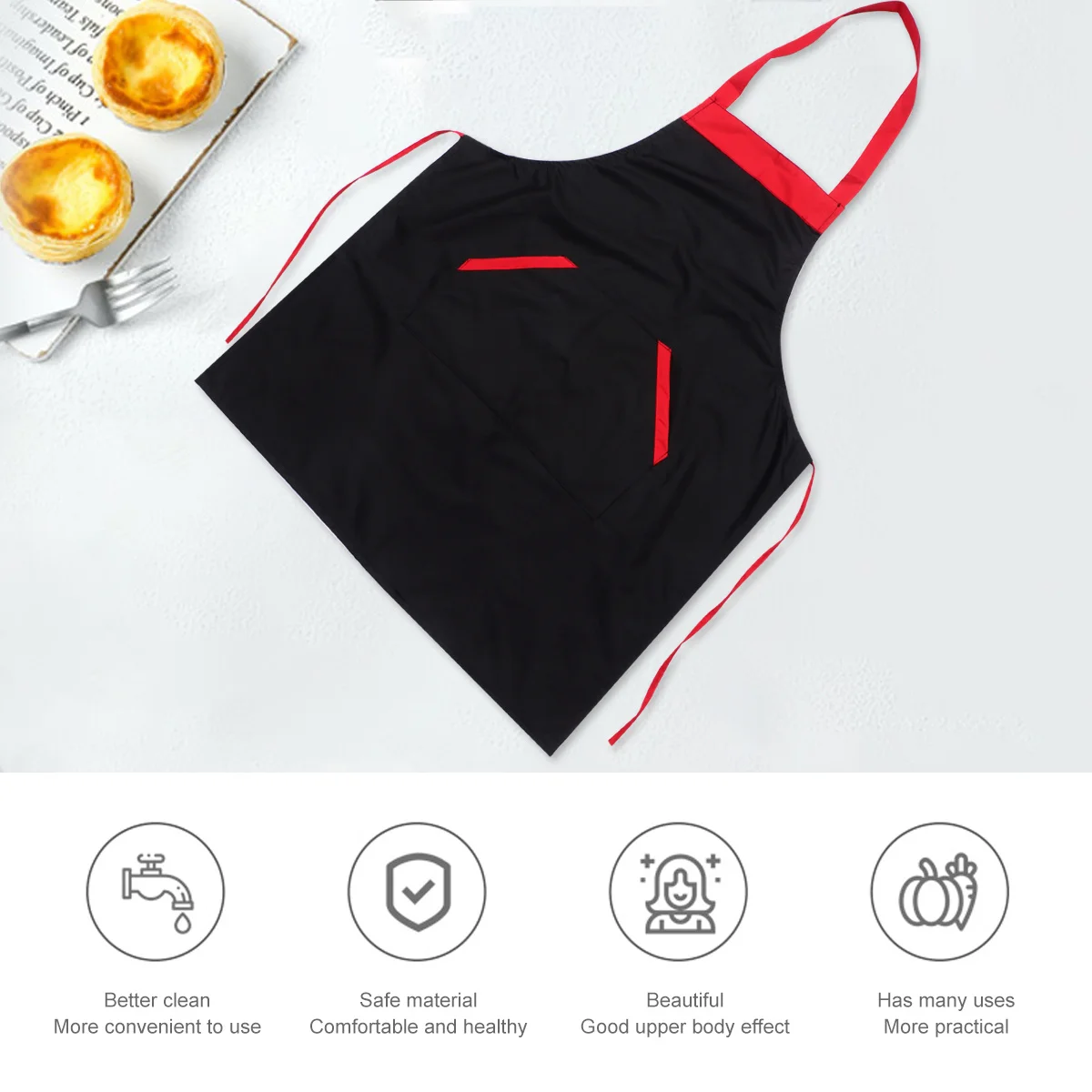 

1Pcs Waterproof Kitchen Apron Black Adjustable Waist Tie Oilproof Cooking Apron Lightweight with Front Pockets for Baking