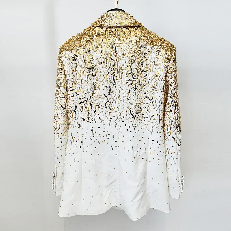 2024 Autumn Fall Women Casual Jacket Shiny Bling Bling Handmade Sequins Diamonds Double Breasted Long Sleeve Blazer