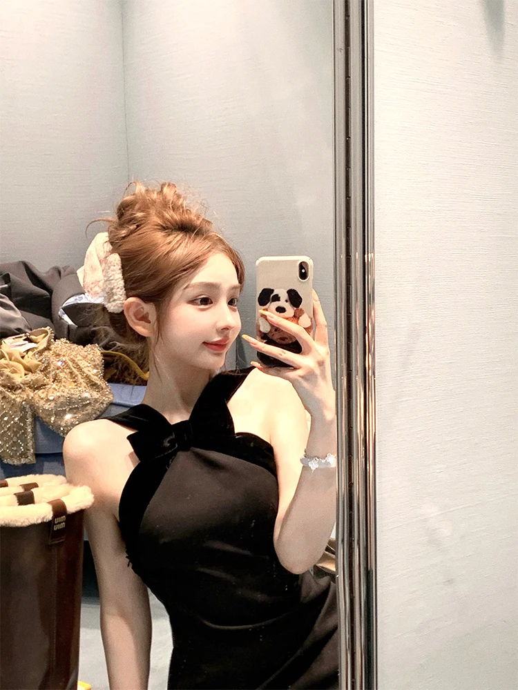 Vestido Ne DOGGYQIN Serie Miu con Lazo en el Cuello y Espalda en U, Falda Corta para Mujer, Otoño Invierno, Color Puro, Es...