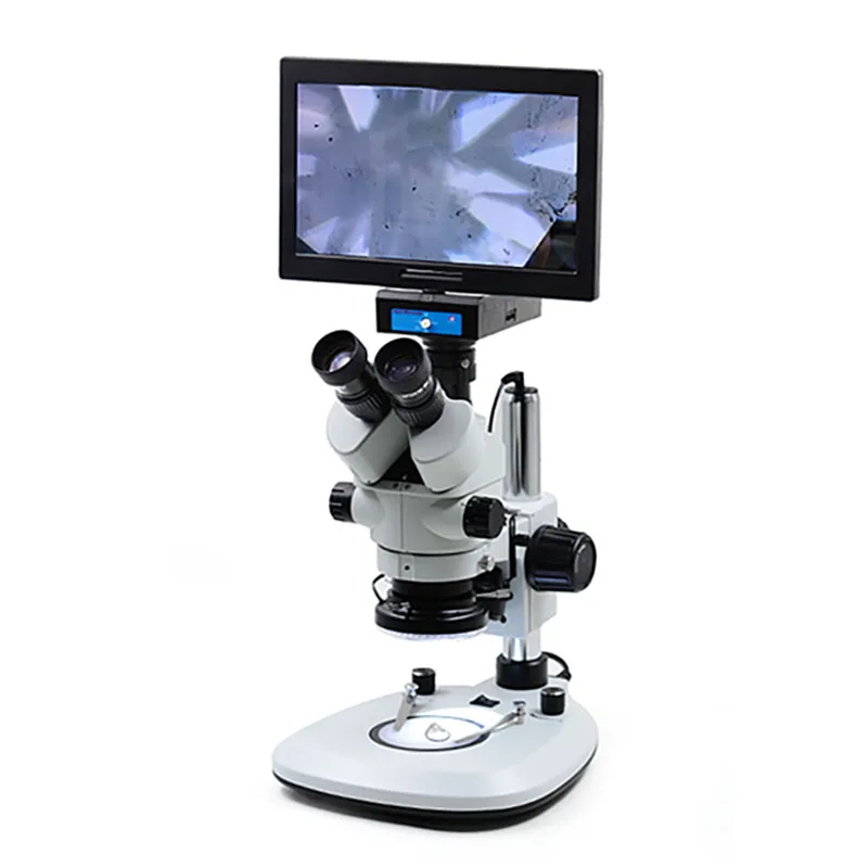 Trinocular Microscope with 7-45X Zoom Ratio, Dual Lights, High-Pixel Ca mera, and Monitor