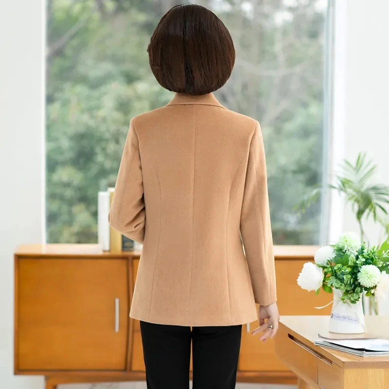 Middle Aged Mother\'s Woolen Coat Spring Fall Casual Suit Collar Wool Jacket Fashion Faux Double-sided Blend Wool Blazer Overcoat