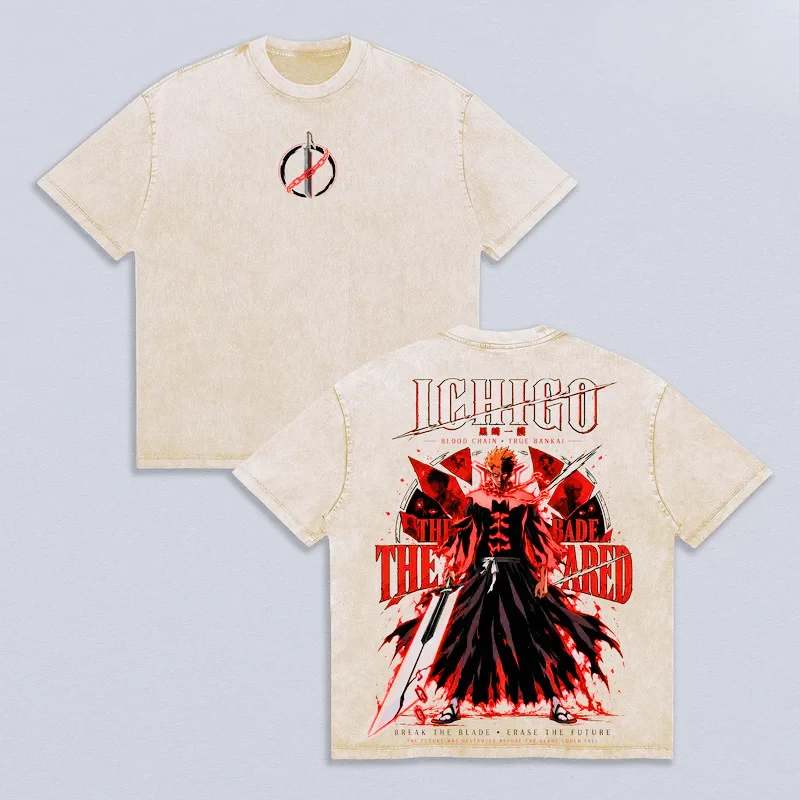 Bleach Ichigo Kurosaki Print T-shirt Vintage Washed T Shirt Men Women Harajuku Anime Short Sleeve Tee Oversized Streetwear Tops