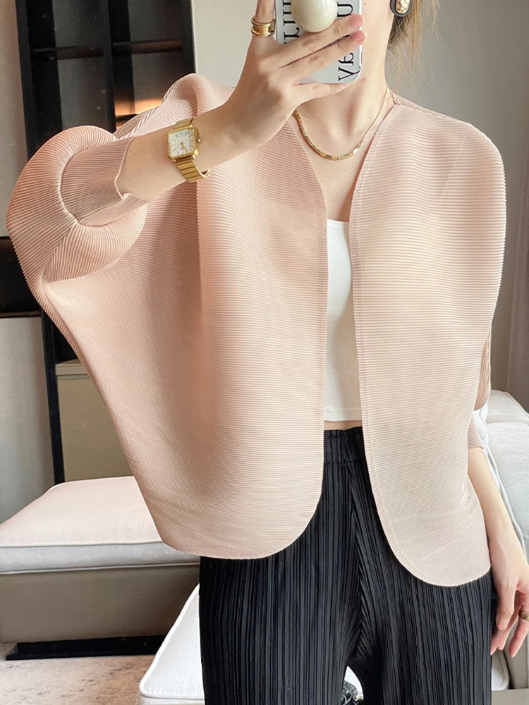 GVUW Pleated Jackets Women V Neck Batwing Sleeve Open Stitch Solid Color Versatile Fashion 2024 Autumn New Clothes 17G3327