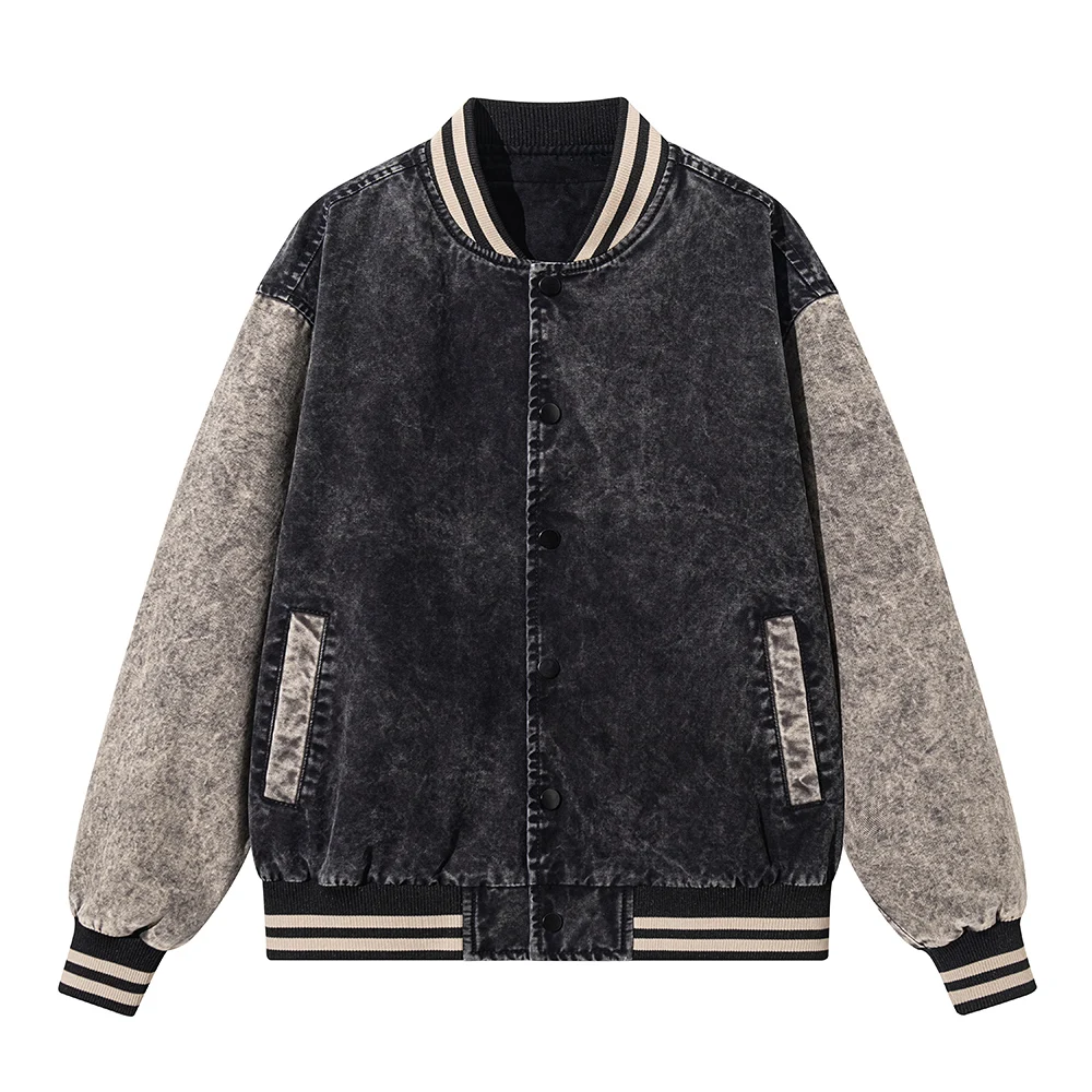Herren Vintage Washed Denim Varsity Jacke Farbblock Knopfleiste Mantel Locker Sitzende Passform Lässige Herbst-Winter-Oberbekleidung – Detail 6