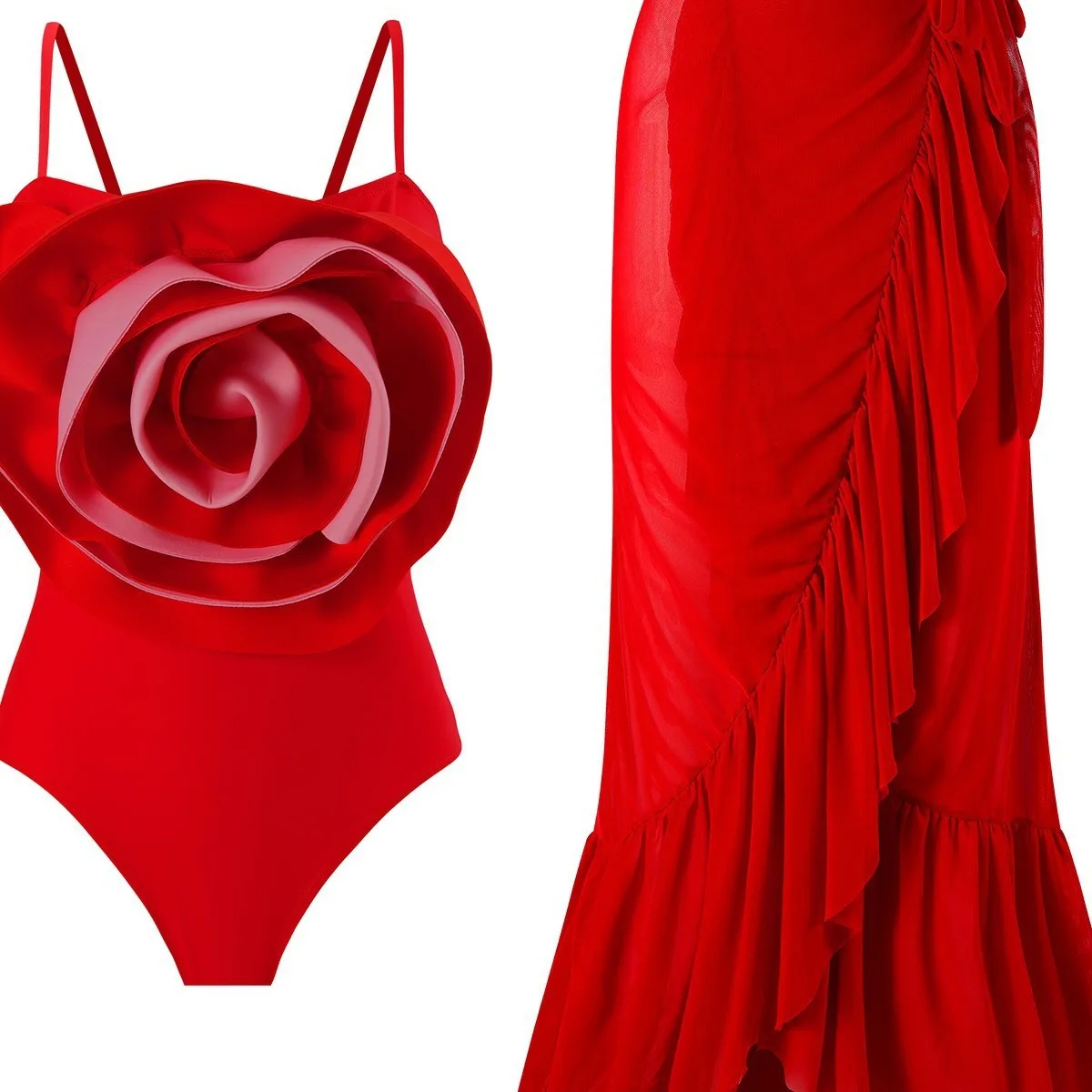 

Solid color big flower waist and thin meat covering sports one-piece sunscreen skirt swimsuit