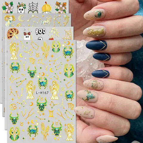 Autocollants de décoration d'ongles sur le thème des signes du zodiaque et d'Halloween, motif rétro mignon de citrouille fantôme, fournitures de nail art, 4/3/6 pièces