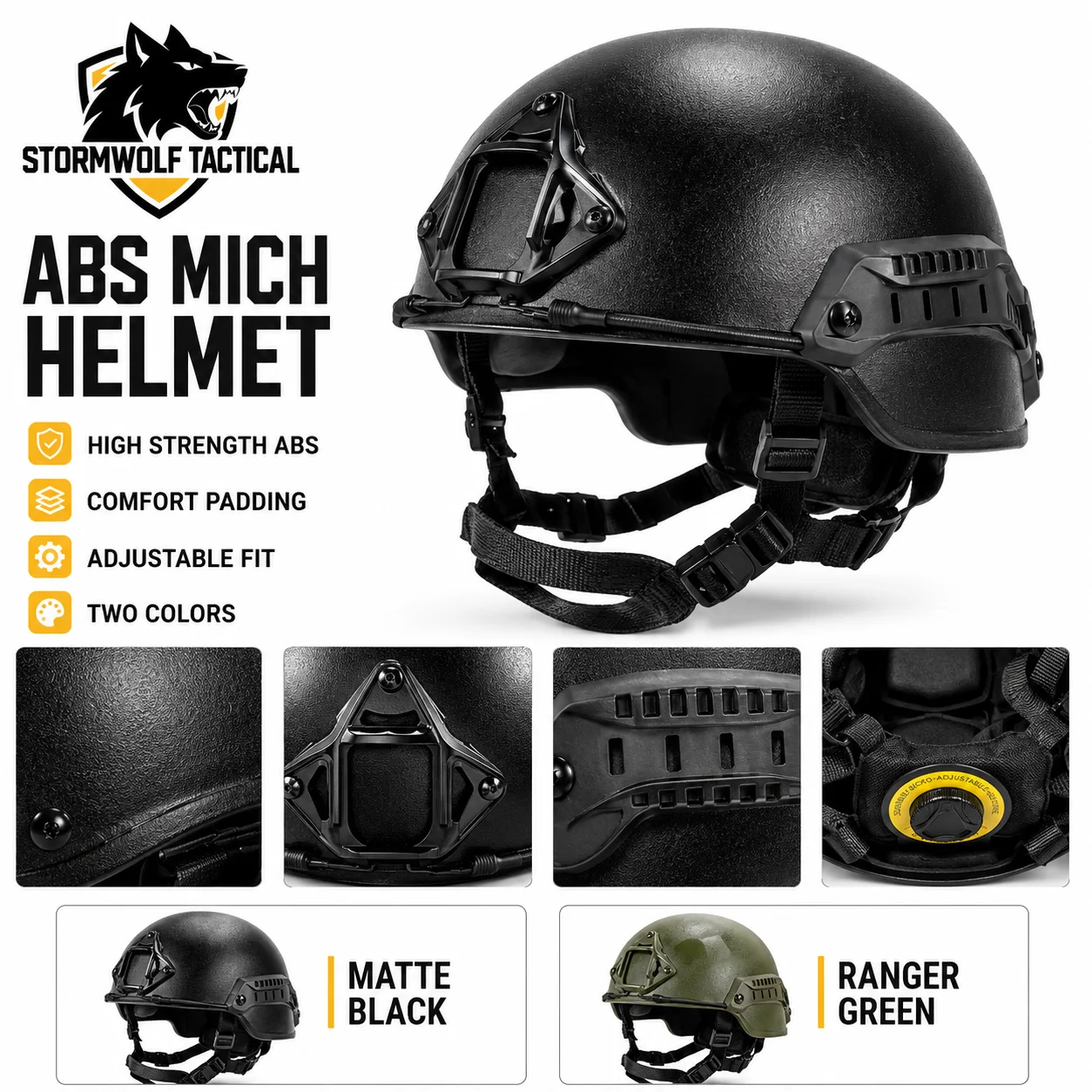 

ABS MICH Style Outdoor Sports Helmet Lightweight Headgear with Adjustable Suspension Liner Side Rail for Training