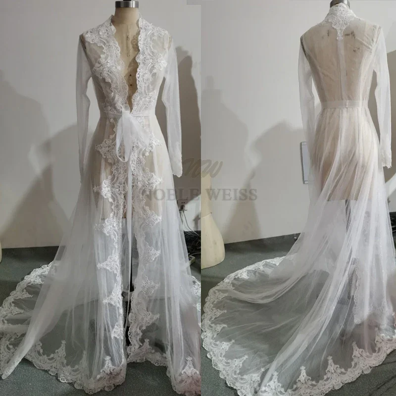 Apliques jaqueta de noiva mangas compridas casaco de casamento trem varredura capas de casamento envolve bolero jaqueta renda casamento robe tule encolhe de ombros