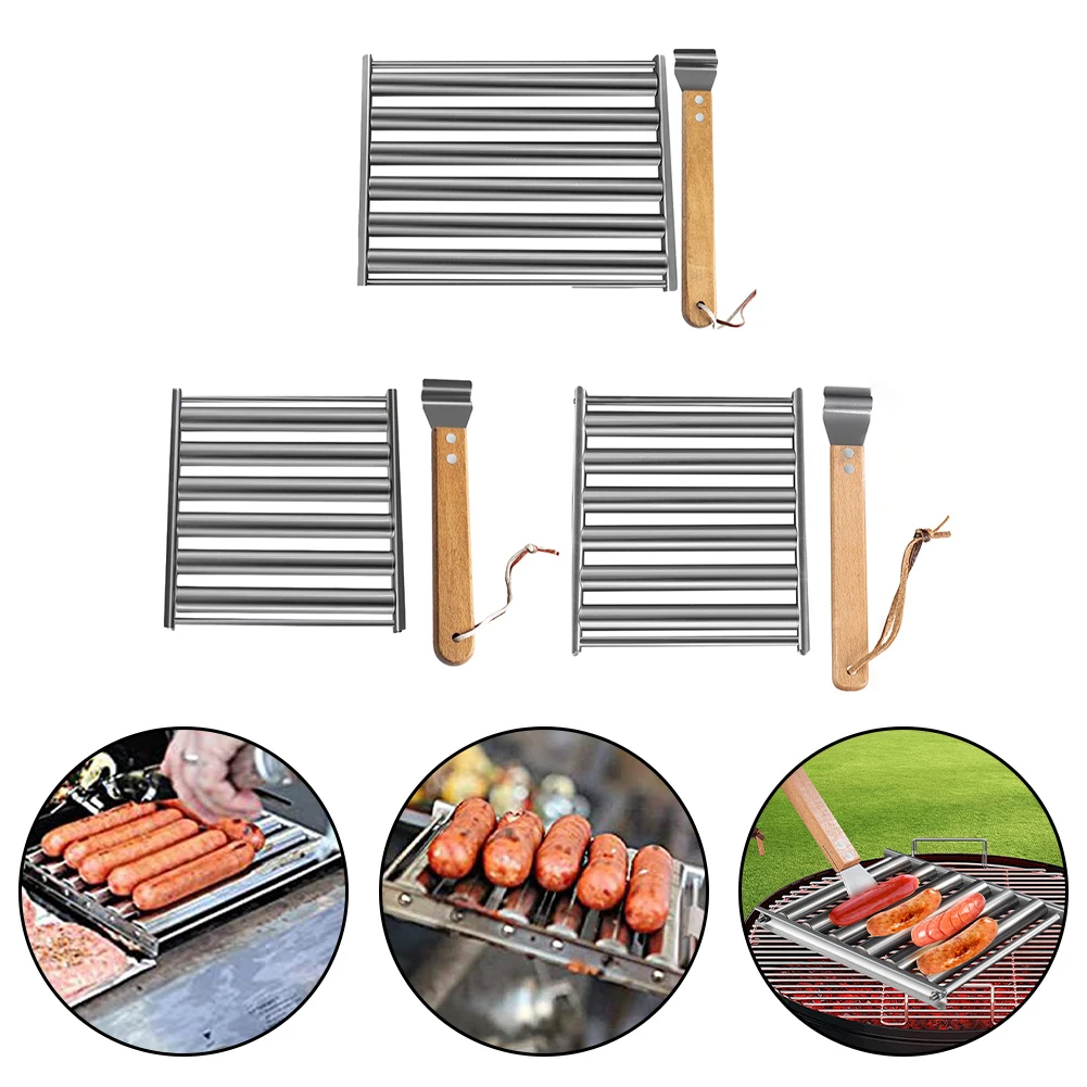 Removable Stainless Steel Sausage Rack BBQ Hot Dog Roller Grilling Tools Cooking Gift Sausage Roller Grill Rack Household Parts