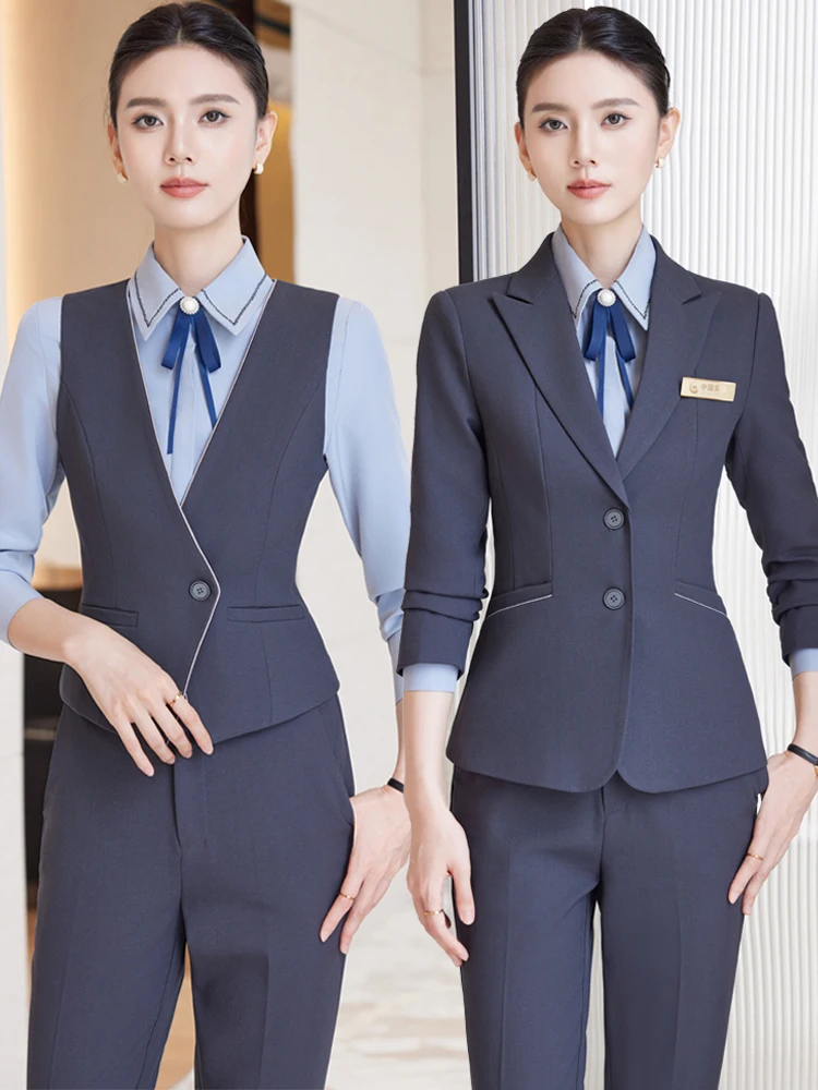 Profesjonalny garnitur, garnitur z kamizelką, recepcja w luksusowym hotelu dla kobiet, narzędzia, sklep jubilerski, salon kosmetyczny, odzież robocza