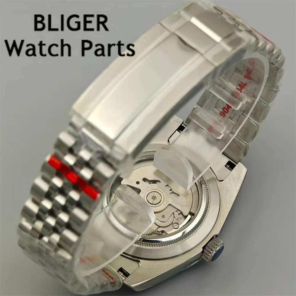BLIGER 36 мм/39 мм мужские часы NH35 автоматический механизм с фиксированным наклонным безелем белый циферблат сапфировое стекло зеленый светящийся стальной ремешок