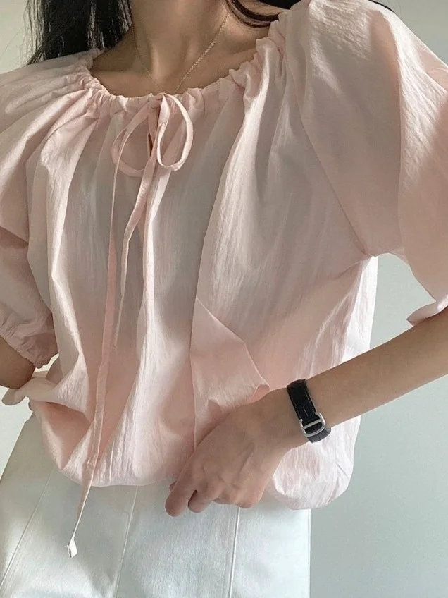 

Chic Summer Simple round Ne Design Sense Dstring Lantern Sve Waist Cinched Loose Versatile irt Top Women Sweet Sl...