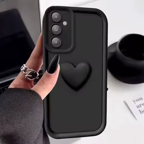 Fashion 3D Black Love Heart Sticker Soft Case For Samsung A06 A15 A16 A05s A35 A12 A03s A05 A32 A22 A04s A13 A14 A50 A23 A24 A55