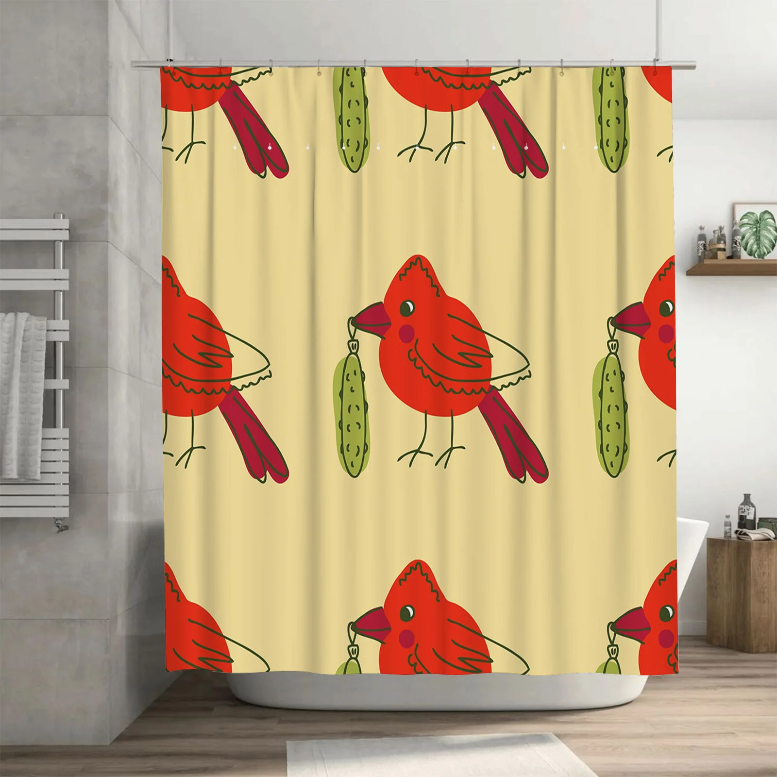 Vibrant Red Bird Pickle Shower Curtain Custom Waterproof Bathroom Decor for Kids Room Modern Fun Design Home Decoration would fi