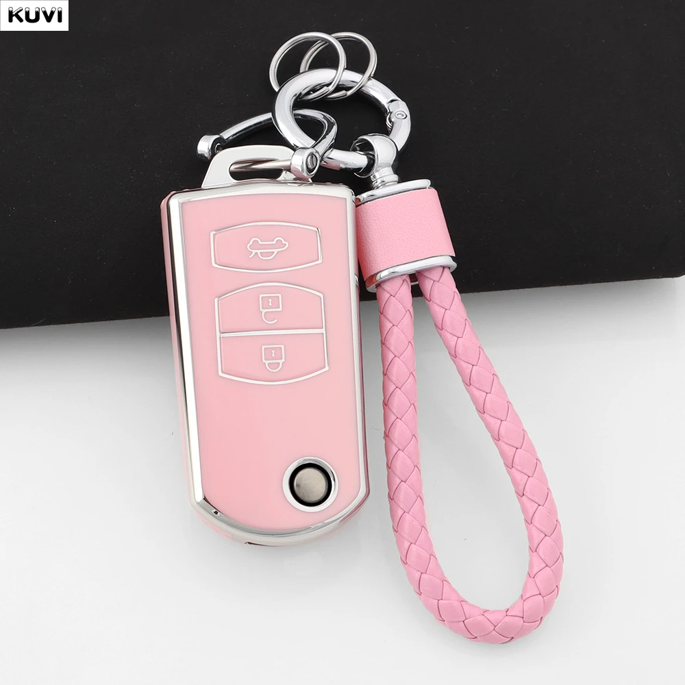 3-Tasten Rosa TPU-Schutzhülle für Klappschlüssel, Auto-Schlüsselhülle für Mazda 2 3 5 6 8 MX5 MX-5 M6 RX8 RX-8 CX7 CX-7 CX5 CX-5 CX9 CX-9