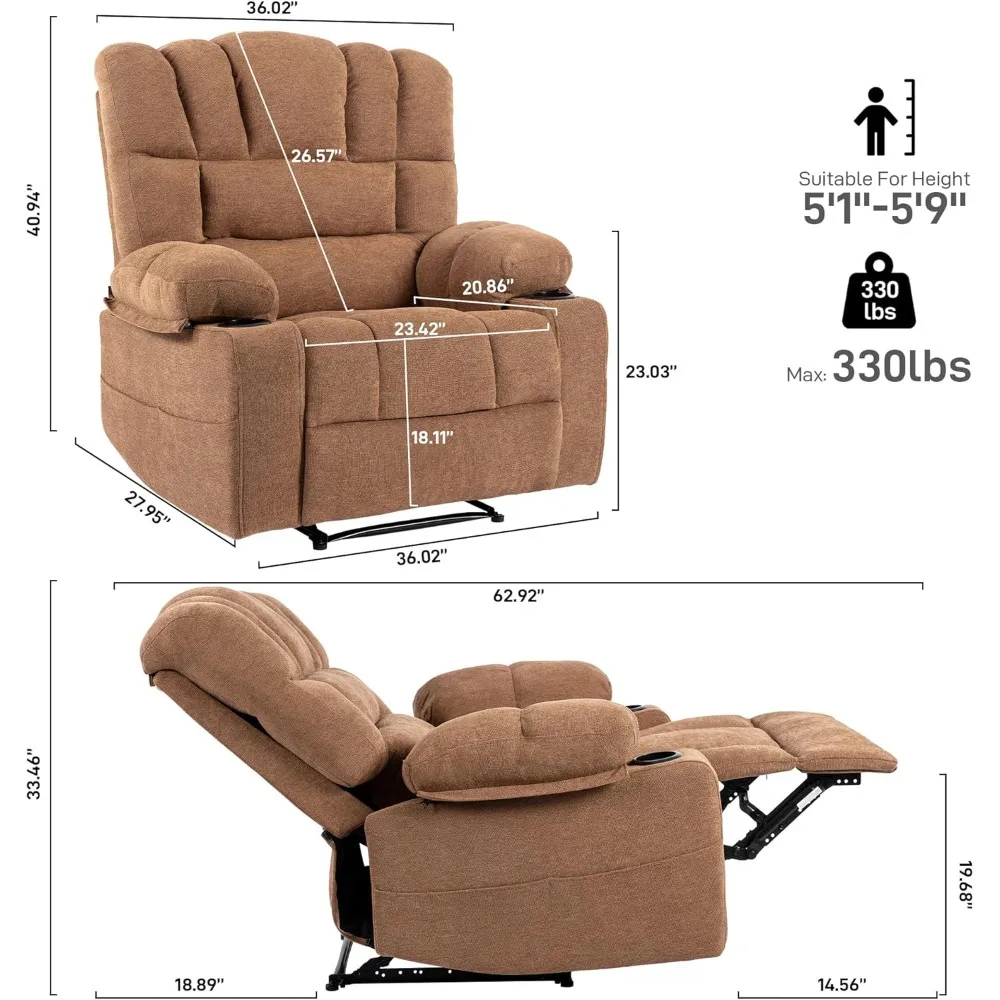 Recliner Chair, Massage Recliner Chair with Heating Vibration, Oversized Single Sofa Seat with 2 Cup, Recliner Chair